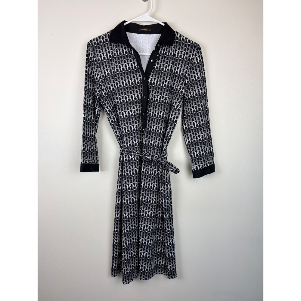 J McLaughlin Shirt Dress S Black White Geometric Chain Belted Catalina Cloth